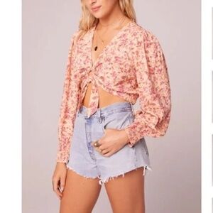 BOG Collective Boho Floral Tie Front Crop Top Bay Sand Blush